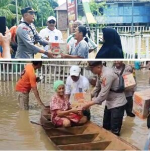 Berikan Bantuan Kepada Warga Terdampak Banjir, Kapolsek Tengah Ilir Himbau Masyarakat Tetap Hati – Hati di Tengah Bencana Banjir