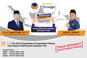 DPD Partai Nasdem Tebo Buka Pendaftaran Kepala Daerah Secara Gratis