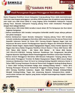 Bawaslu Tanjabtimur umumkan Siaran Pers Pelanggaran Netralitas ASN (R) Dikubu Laris Memenuhi Unsur